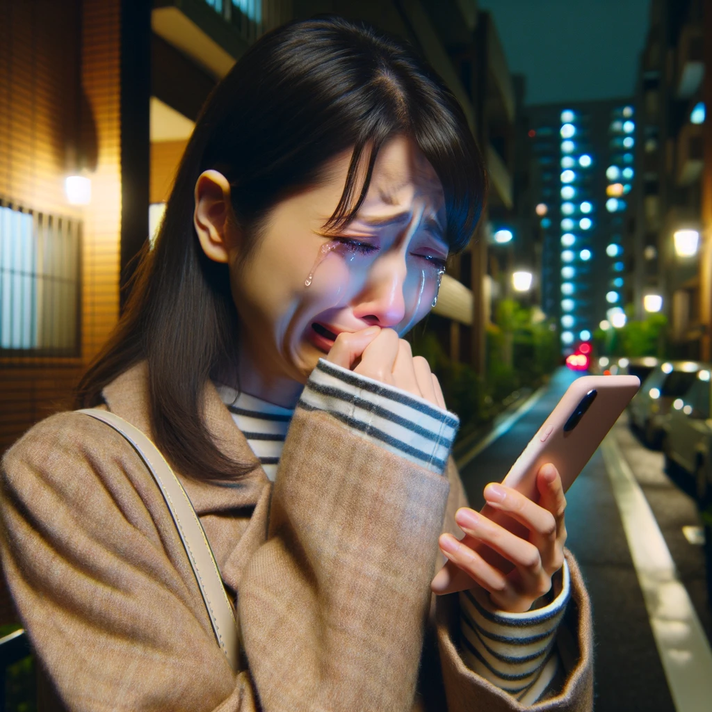 鍵を無くして泣きながらスマホで電話する女性